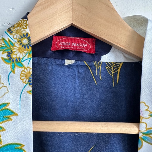 Vintage Robe Long Geisha Kimono Silver Dragon Blue De Oriental Small Medium - Picture 2 of 16